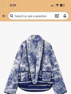 Blue & White Printed Shawl-Collar Jacket